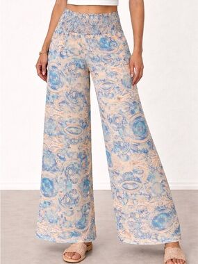 Boho Paisley Palazzo Pants – Smocked Waist, Flowing Wide Leg, Size Medium
